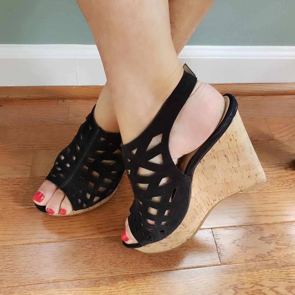 Used Calvin Klein Suede Brocade Strap Wedges 9M
